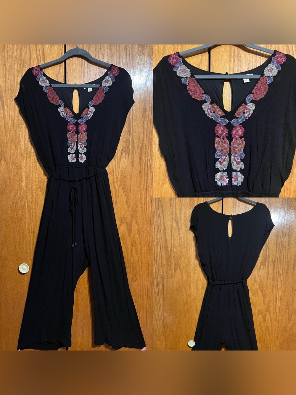 miami Black Wide-Leg Jumpsuit with Floral Embroidered V-Neck
